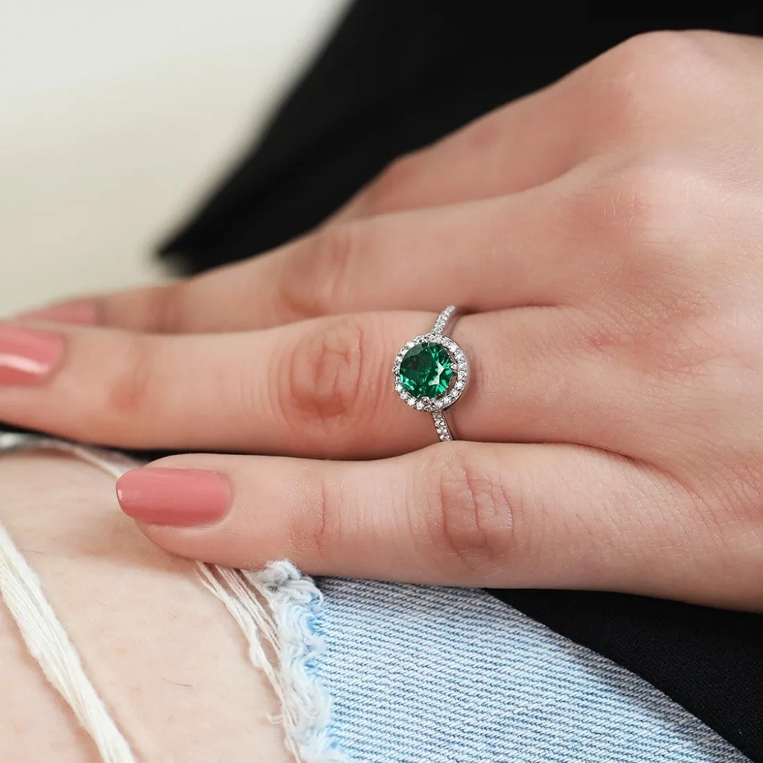 Green Solitaire Halo CZ Studded 925 Sterling Silver Ring (Adjustable)