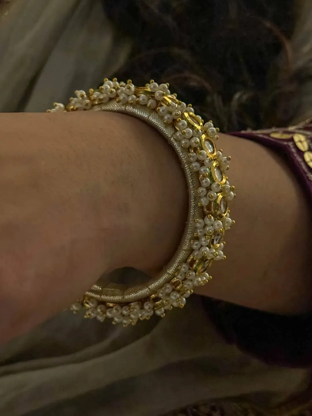 Handmade Round Shaped Kundan And Pearl Studded Bangle