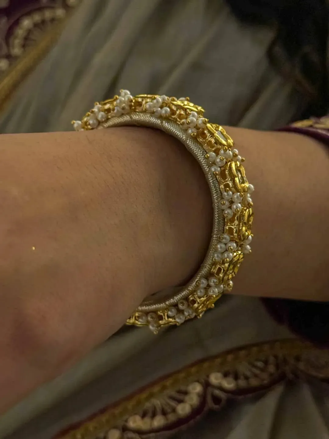 Handmade Square Shaped Kundan And Pearl Studded Bangle