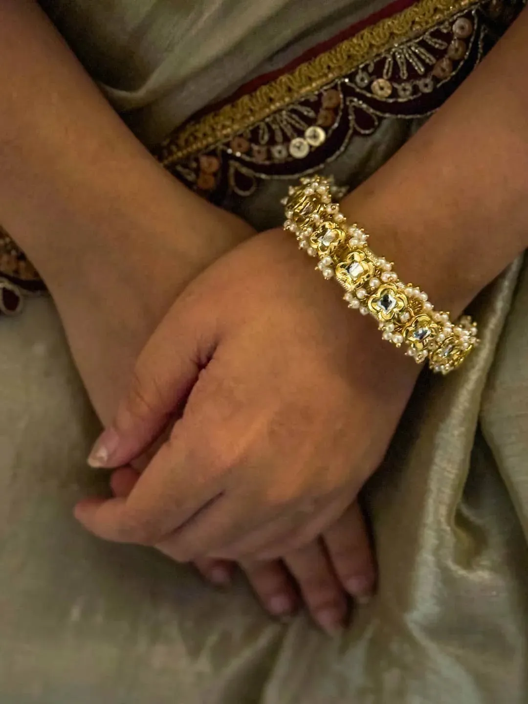 Handmade Square Shaped Kundan And Pearl Studded Bangle