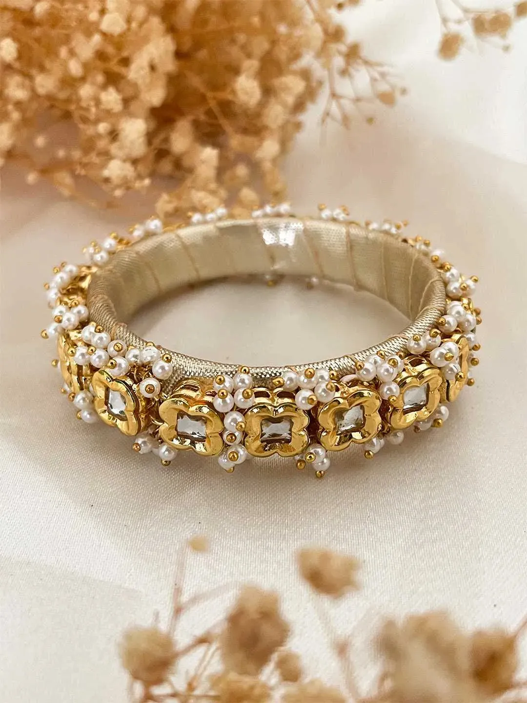 Handmade Square Shaped Kundan And Pearl Studded Bangle
