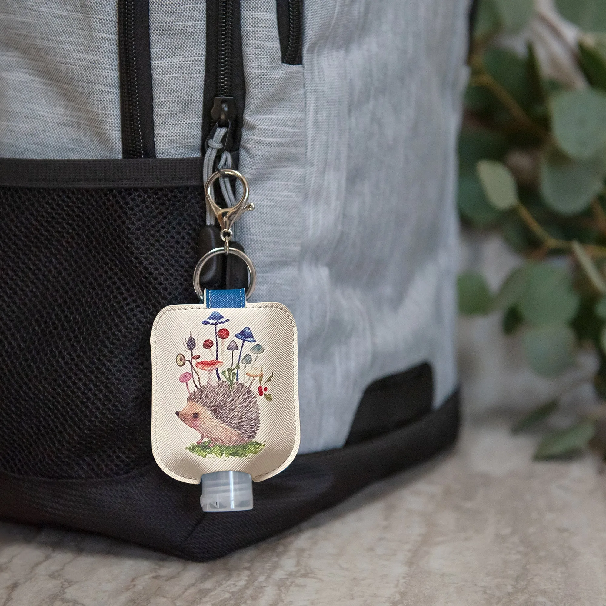 Hedgehog with Mushrooms Hand-Sanitizer Holder with Travel Bottle