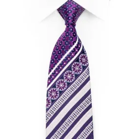 Indian Homme Rhinestone Silk Necktie Silver Striped On Purple With Sparkles