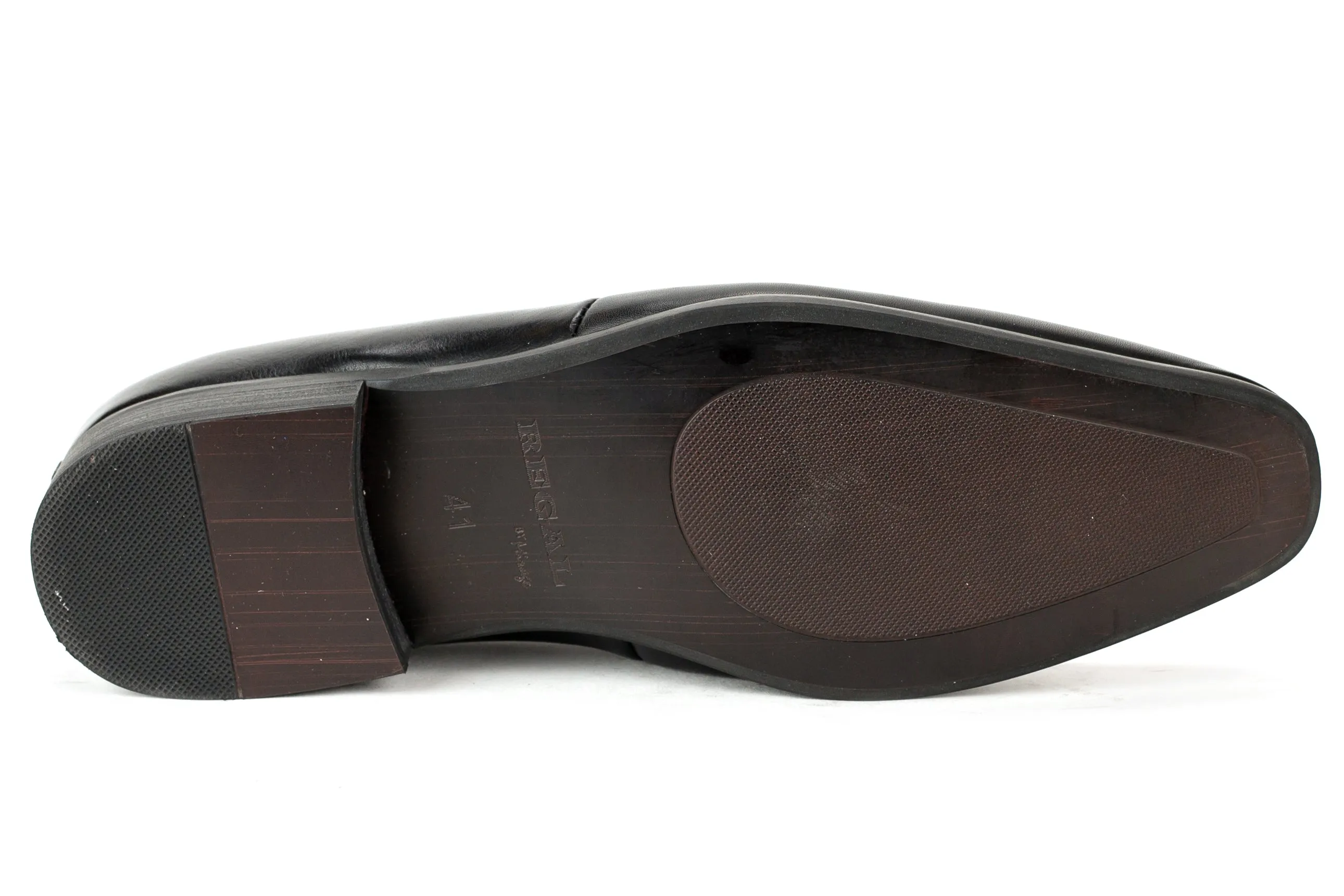 Lancaster - Regal Men's Dress Black Leather Slip On Shoe Apron Toe Studded Strap Elegant Rubber Sole