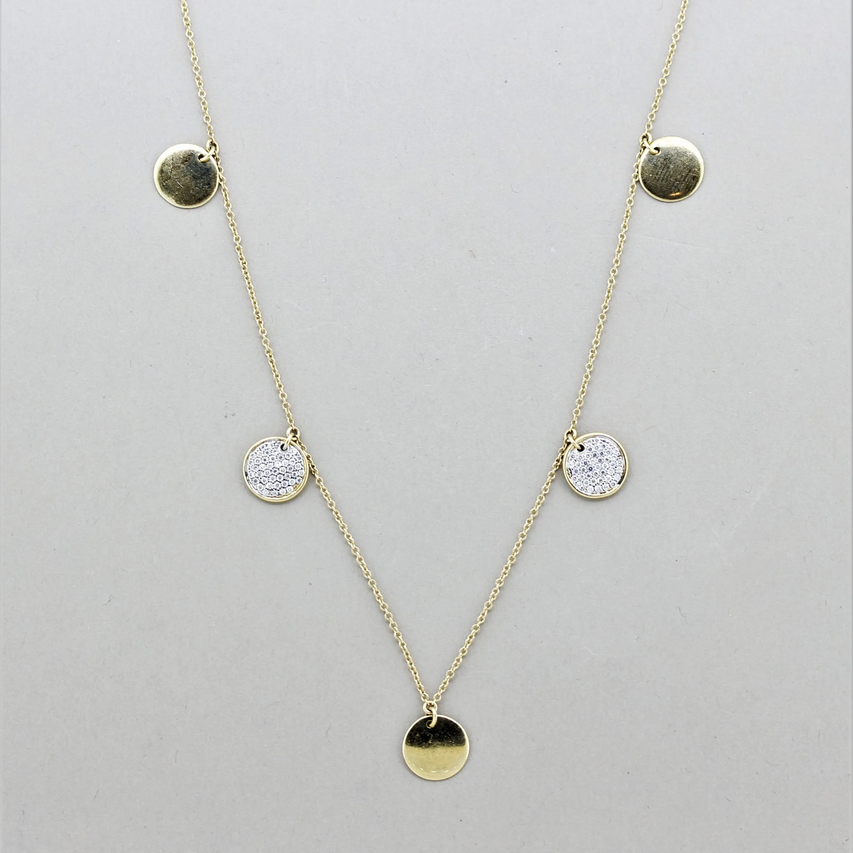 Long Diamond Gold Disk Necklace, 28 inches