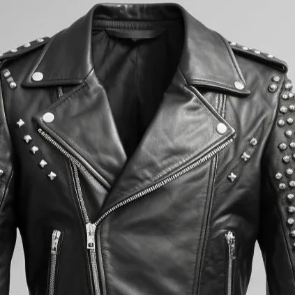 Men Black Leather Jacket - Black Biker Studded Jacket