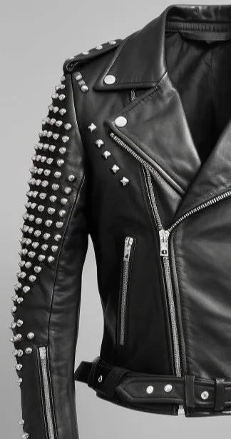 Men Black Leather Jacket - Black Biker Studded Jacket