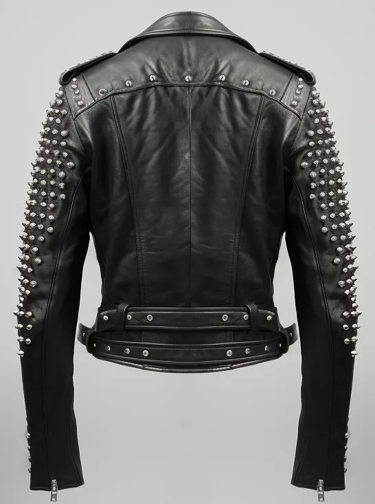 Men Black Leather Jacket - Black Biker Studded Jacket