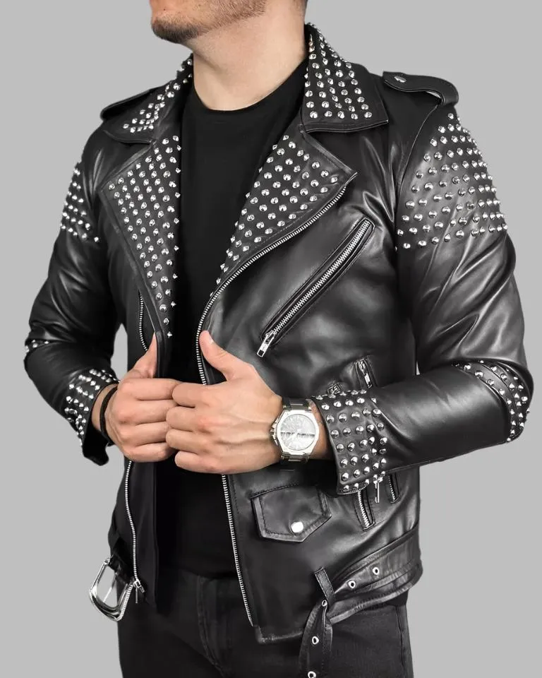 Men's Studded Leather Jacket - Motorcycle Genuine Cowhide Leather Jacket