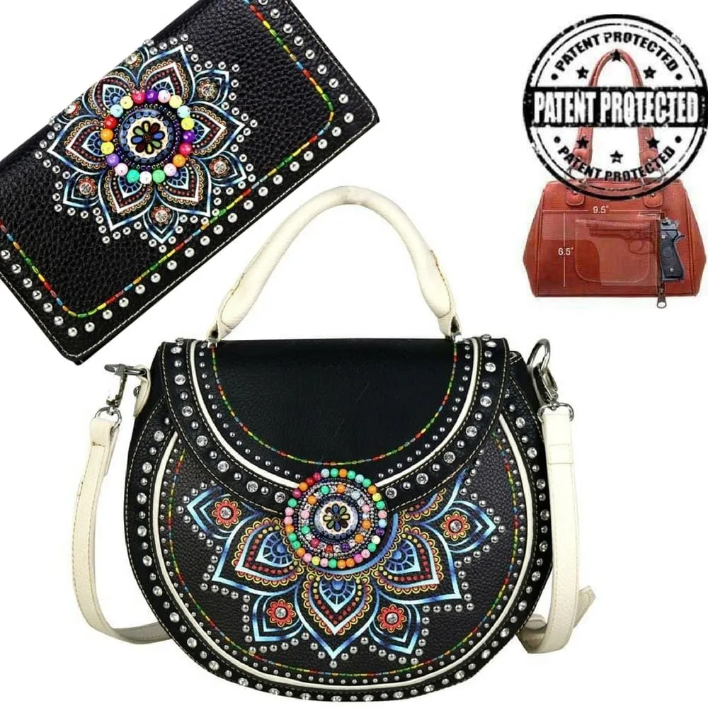 Montana West® Brightly Beaded Multi Color Concho Concealed Carry Purse Firearm Handbag Wallet Set