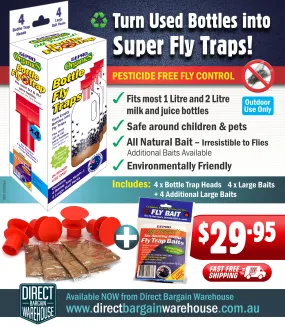 Outdoor Fly Traps - 4 Traps From Empty Bottles - 4 Tops With 4 Extra Large Baits Australian Made
