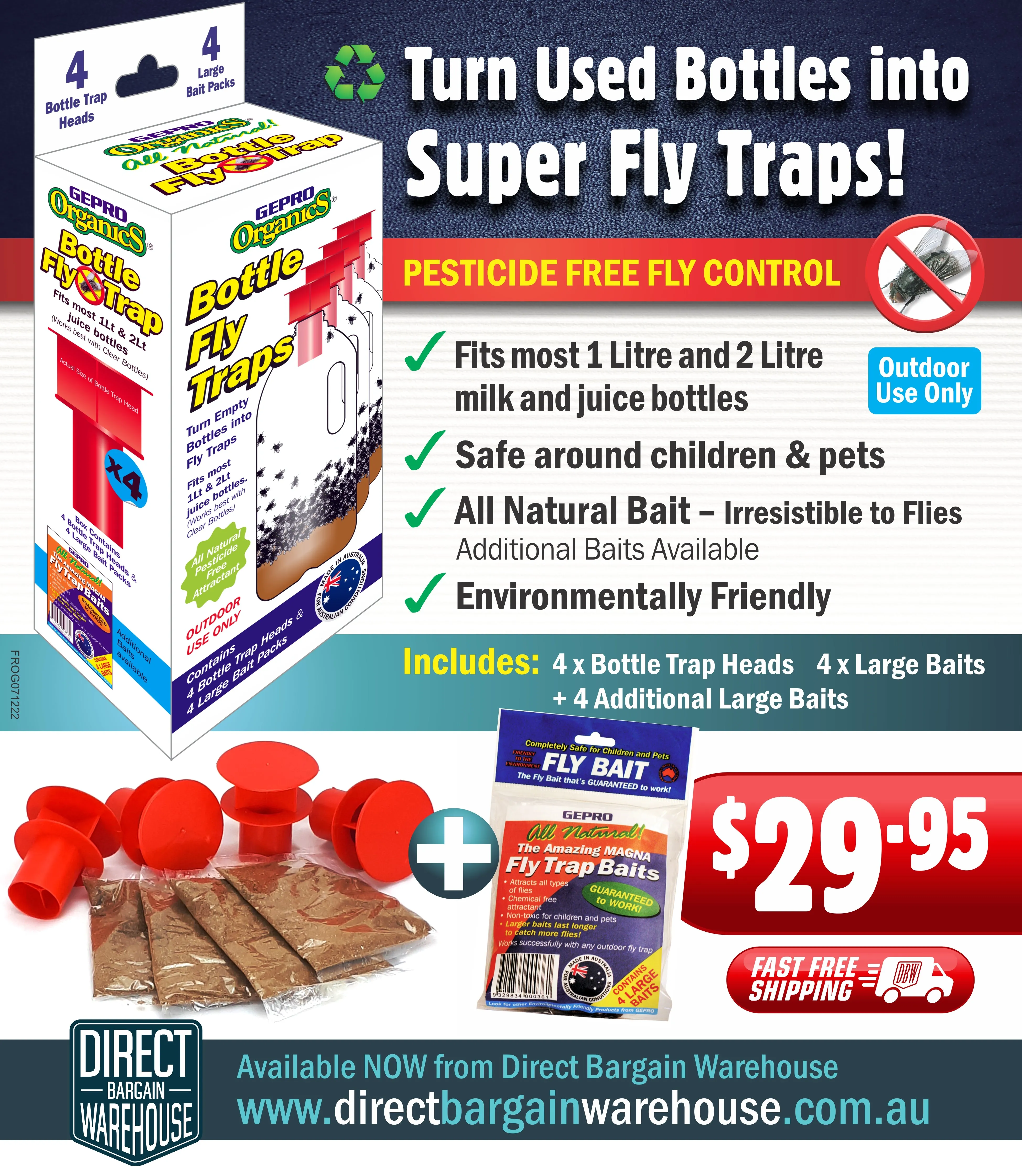 Outdoor Fly Traps - 4 Traps From Empty Bottles - 4 Tops With 4 Extra Large Baits Australian Made