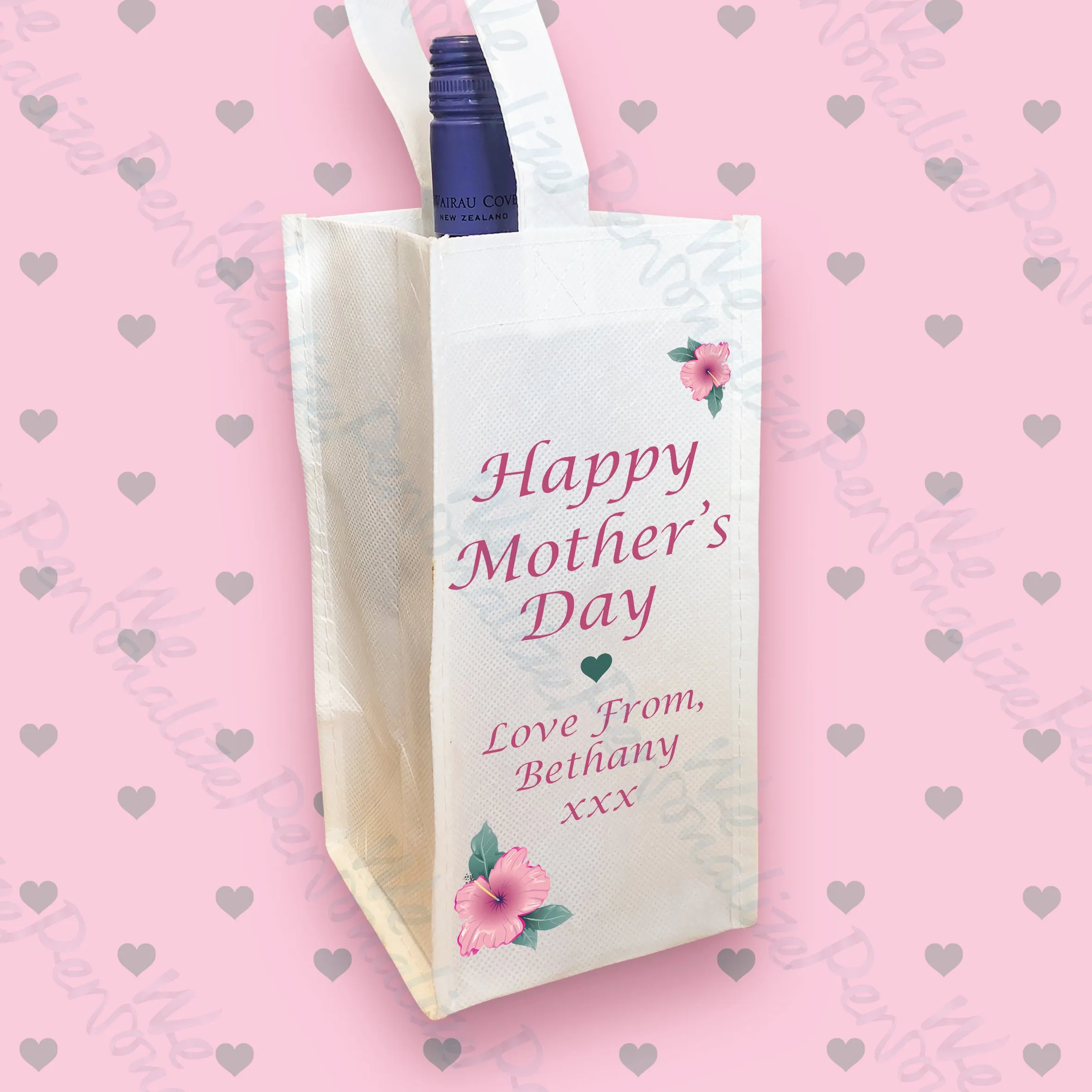 Personalised Pink Flower Wine Bottle Bag