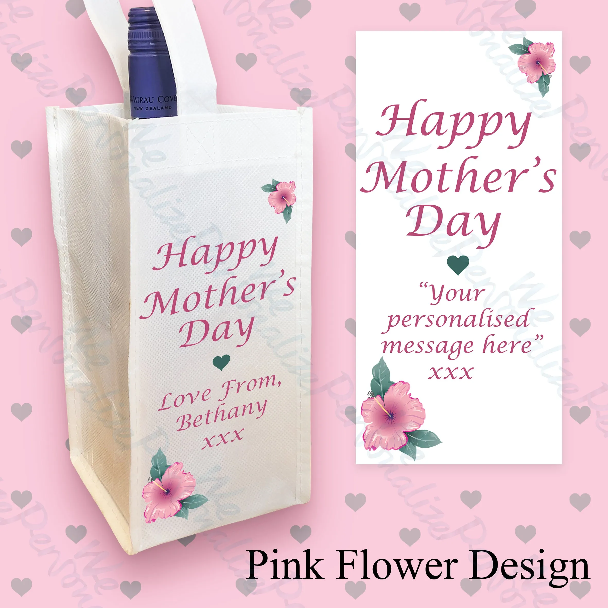 Personalised Pink Flower Wine Bottle Bag