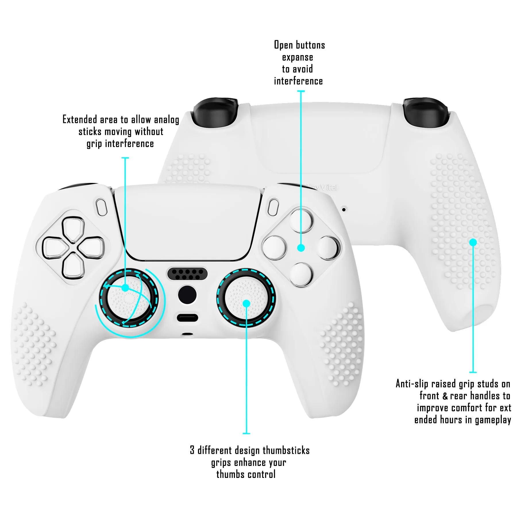 PlayVital White 3D Studded Edition Anti-slip Silicone Cover Skin for 5 Controller, Soft Rubber Case Protector for PS5 Wireless Controller with 6 White Thumb Grip Caps - TDPF002