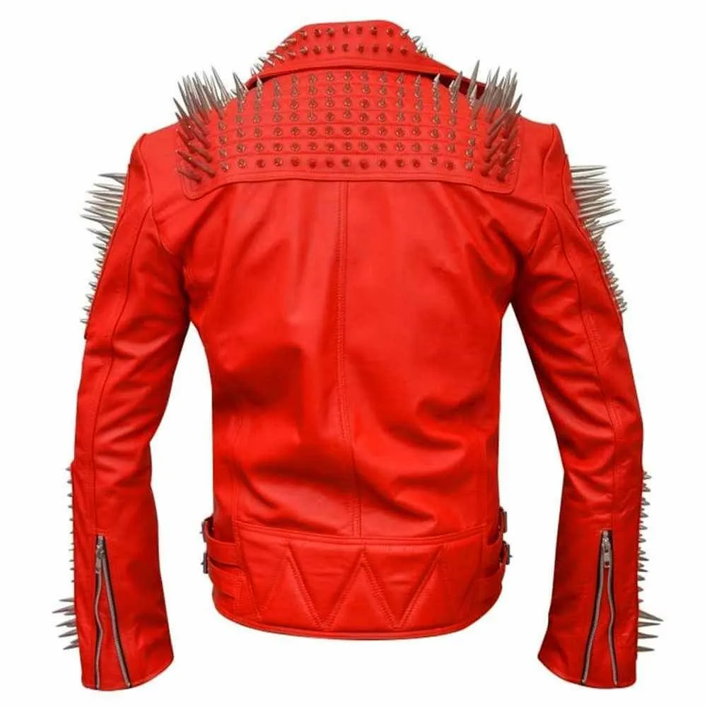 Punk Red Studded Leather Biker Jacket