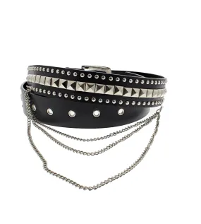 Pyramid & Conical Studded Black PU Belt with Hanging Chain