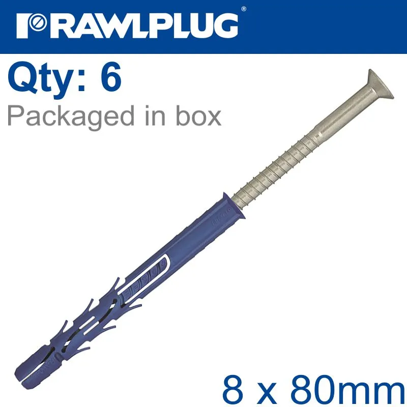 RAWLPLUG NYL FRAME FIXING ZP   CSK SCREW 8MMX80MM X6 -BAG RAW R-S1-FF1N08L080-6