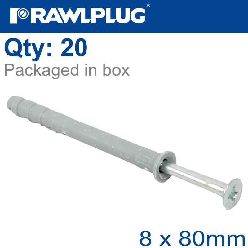 RAWLPLUG NYL NAIL-IN FIXING 8X80MM   CSK HEAD X20 -BAG RAW R-S1-FX-N08L080-20