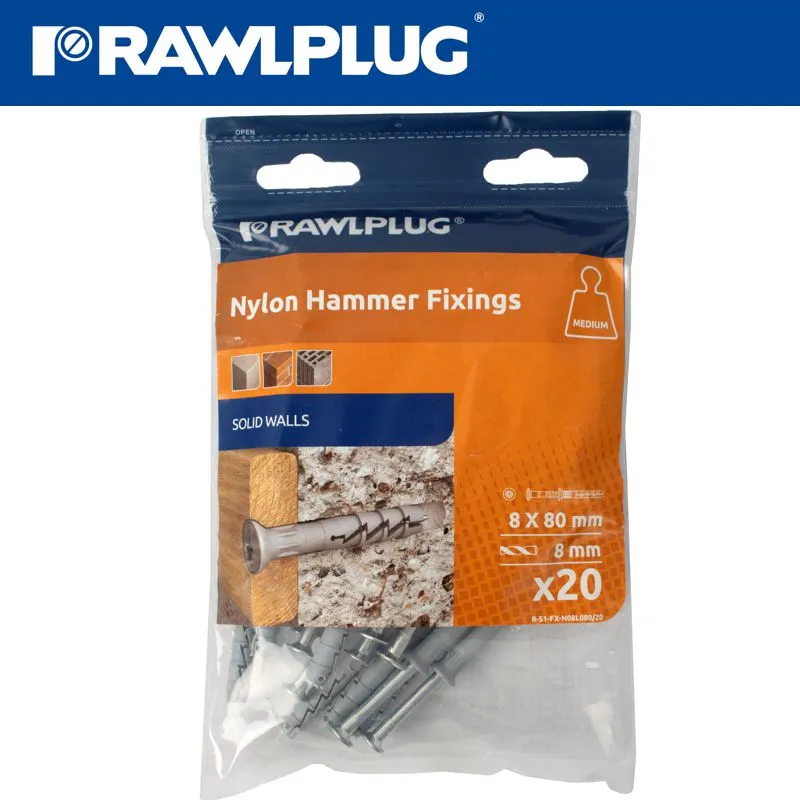 RAWLPLUG NYL NAIL-IN FIXING 8X80MM   CSK HEAD X20 -BAG RAW R-S1-FX-N08L080-20