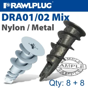 RAWLPLUG SELF DRILL DRYWALL FIXINGS MIXED BAG 8:8 X6 NYL X6 METAL RAW R-S1-DRA01-02MIX