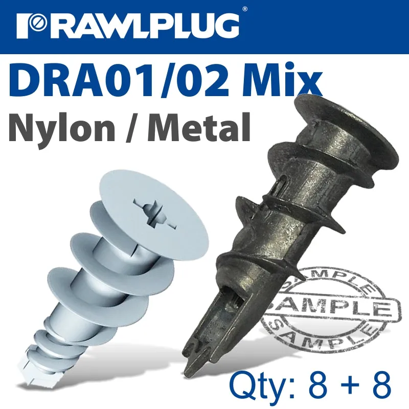 RAWLPLUG SELF DRILL DRYWALL FIXINGS MIXED BAG 8:8 X6 NYL X6 METAL RAW R-S1-DRA01-02MIX