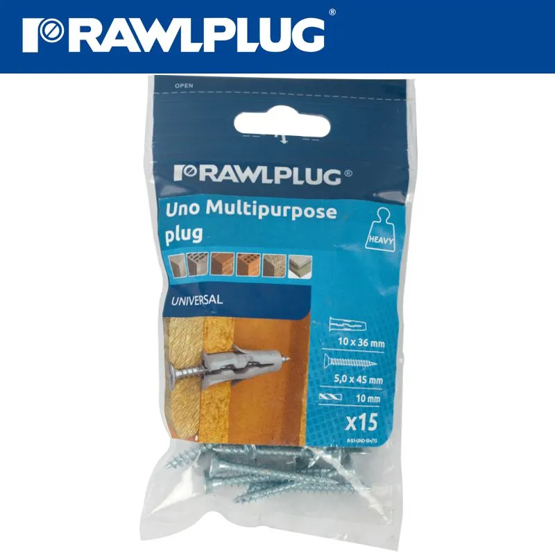 RAWLPLUG UNIVERSAL PLUG WITH SCREW 10X36MM X15 PER BAG RAW R-S1-UNO-10-15