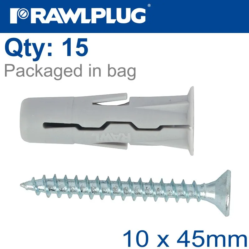 RAWLPLUG UNIVERSAL PLUG WITH SCREW 10X36MM X15 PER BAG RAW R-S1-UNO-10-15