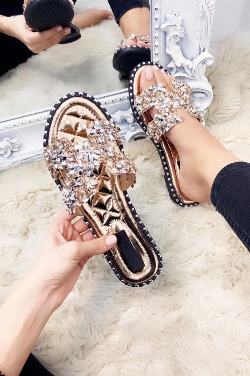 Rose Gold Embellished Sparkly Flat Slider Sandals