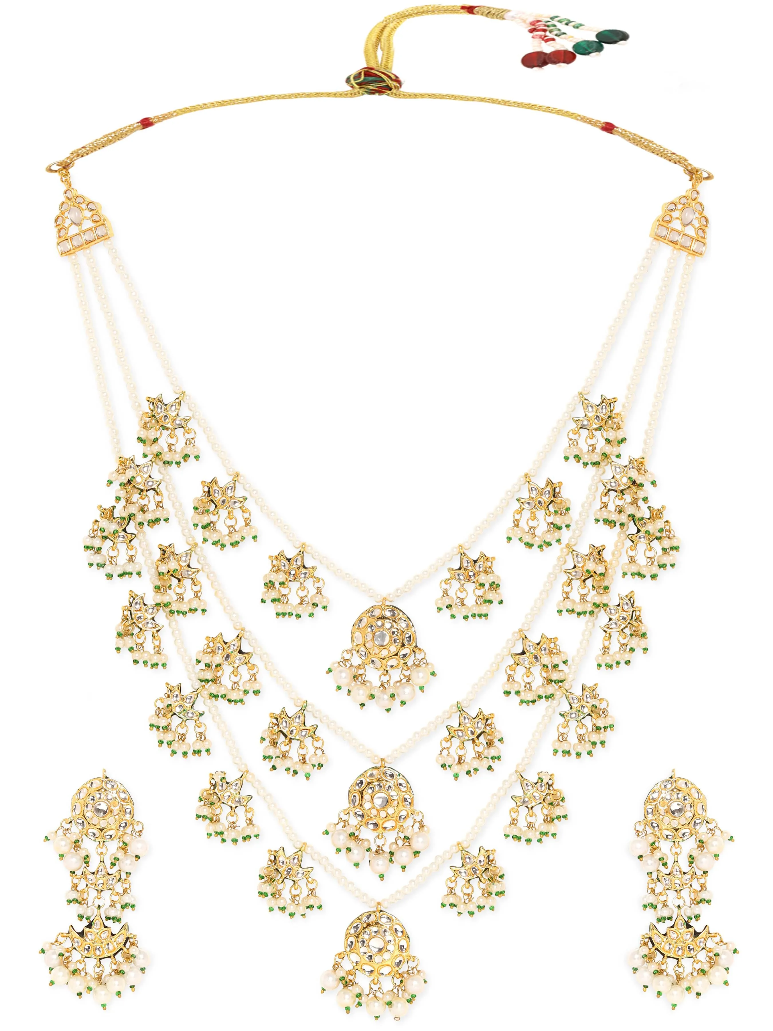 Rubans 22k Gold plated triple layer pearl beaded kundan studded Jewellery Set