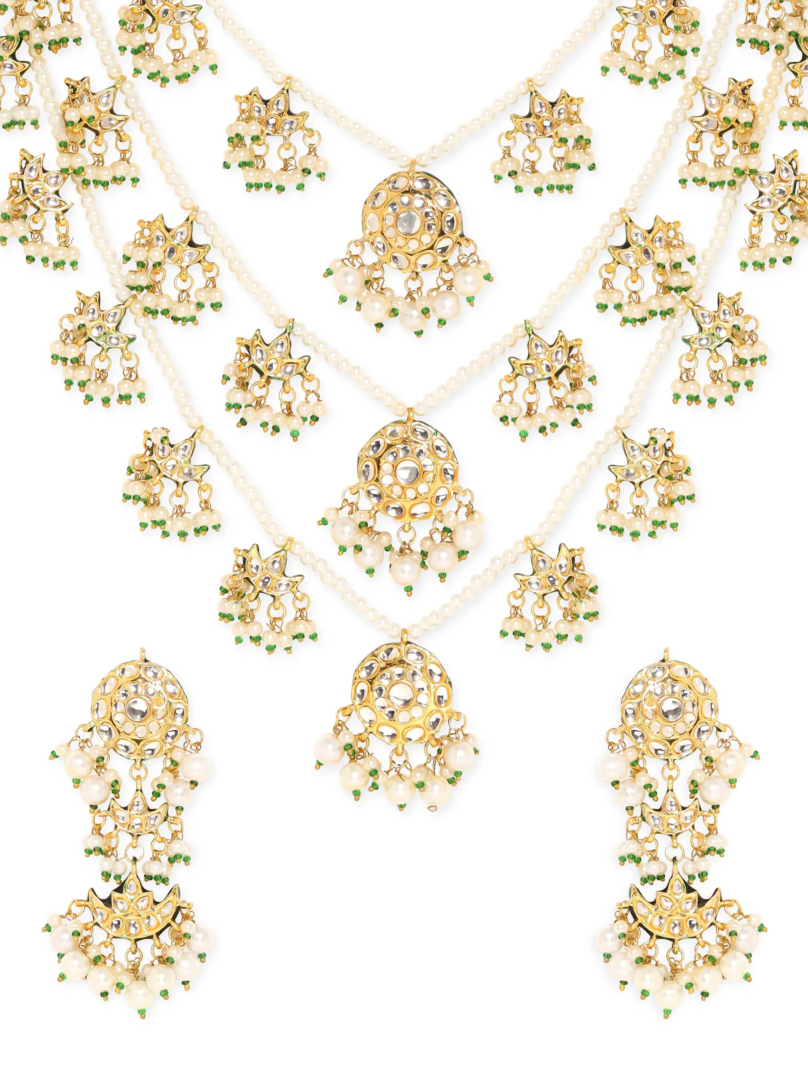Rubans 22k Gold plated triple layer pearl beaded kundan studded Jewellery Set