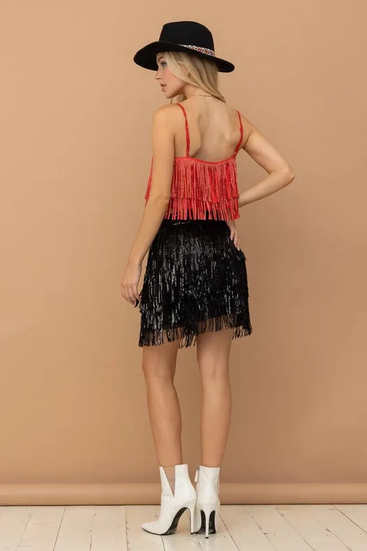 Satin Base Studded Tiered Fringe Cami Top Red