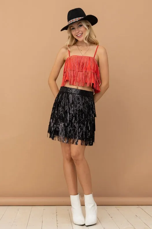 Satin Base Studded Tiered Fringe Cami Top Red