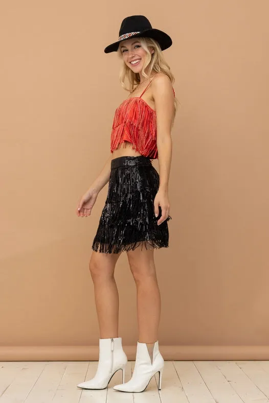 Satin Base Studded Tiered Fringe Cami Top Red