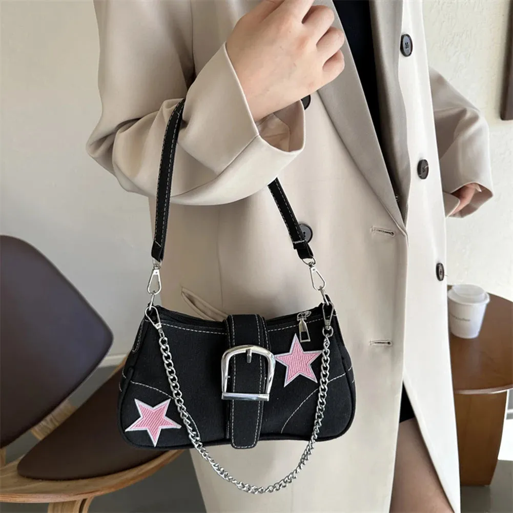 Sohiwoo Y2K Star Chain Shoulder Bag Women Casual Crescent Bags Versatile Satchel Girls Hobo Bag Crossbody Armpit Bag Girl Stylish Purses