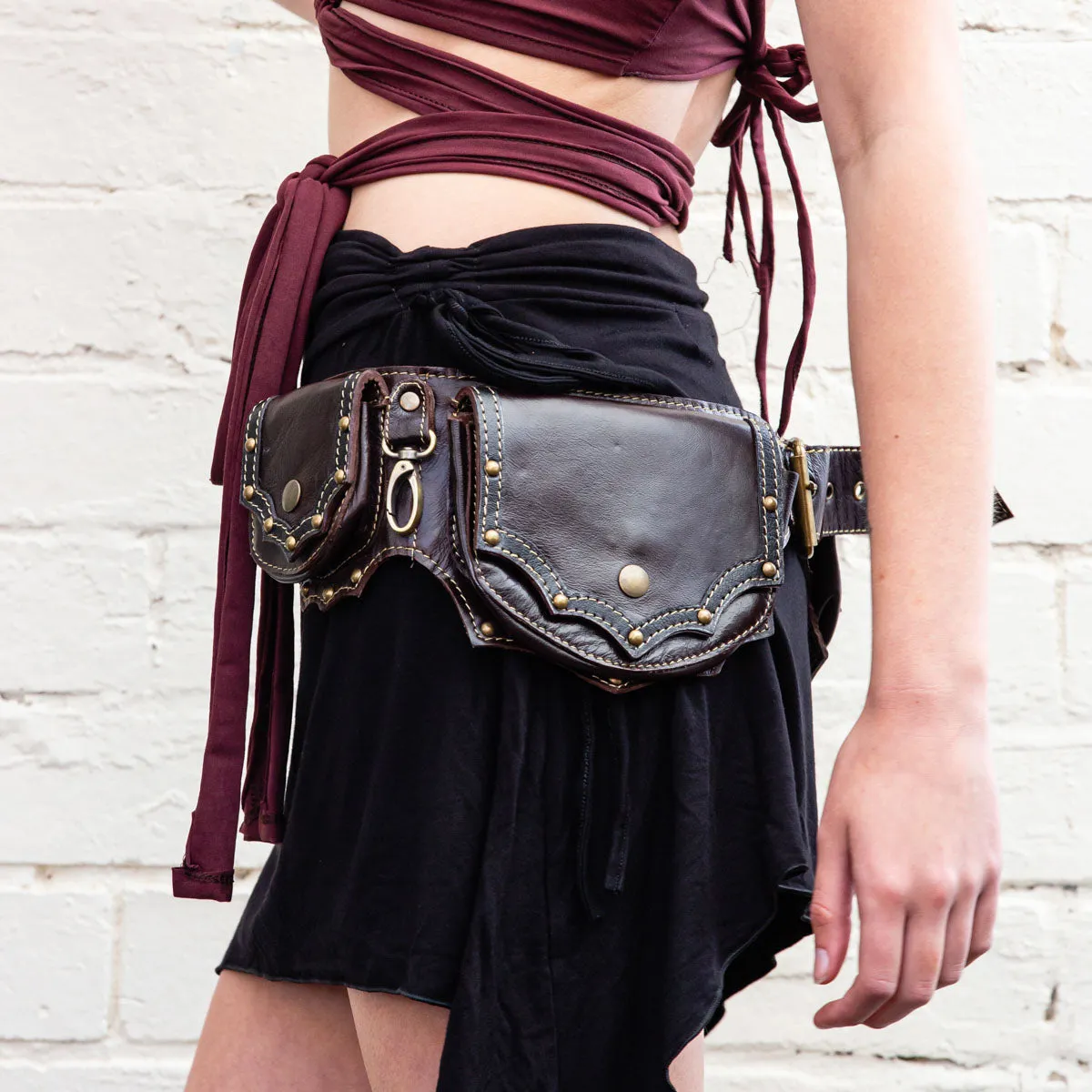Studded Cowboy Leather Utility Belt in Dark Brown