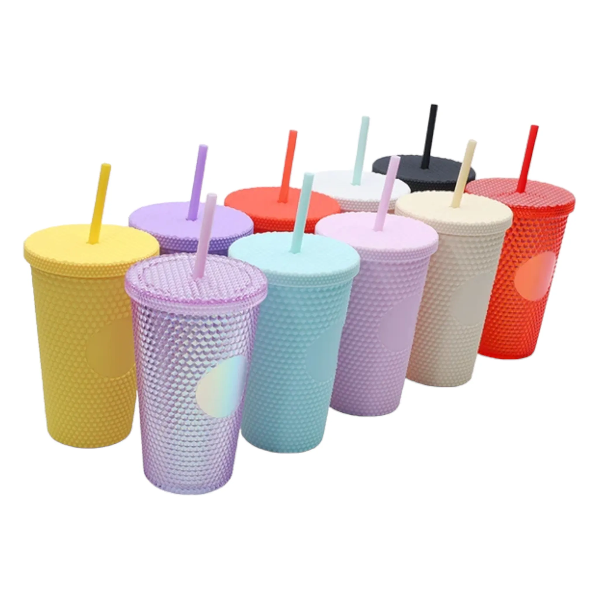 Studded Drinking Tumbler 450ml Vintage Matte Pastel Cup & Straw