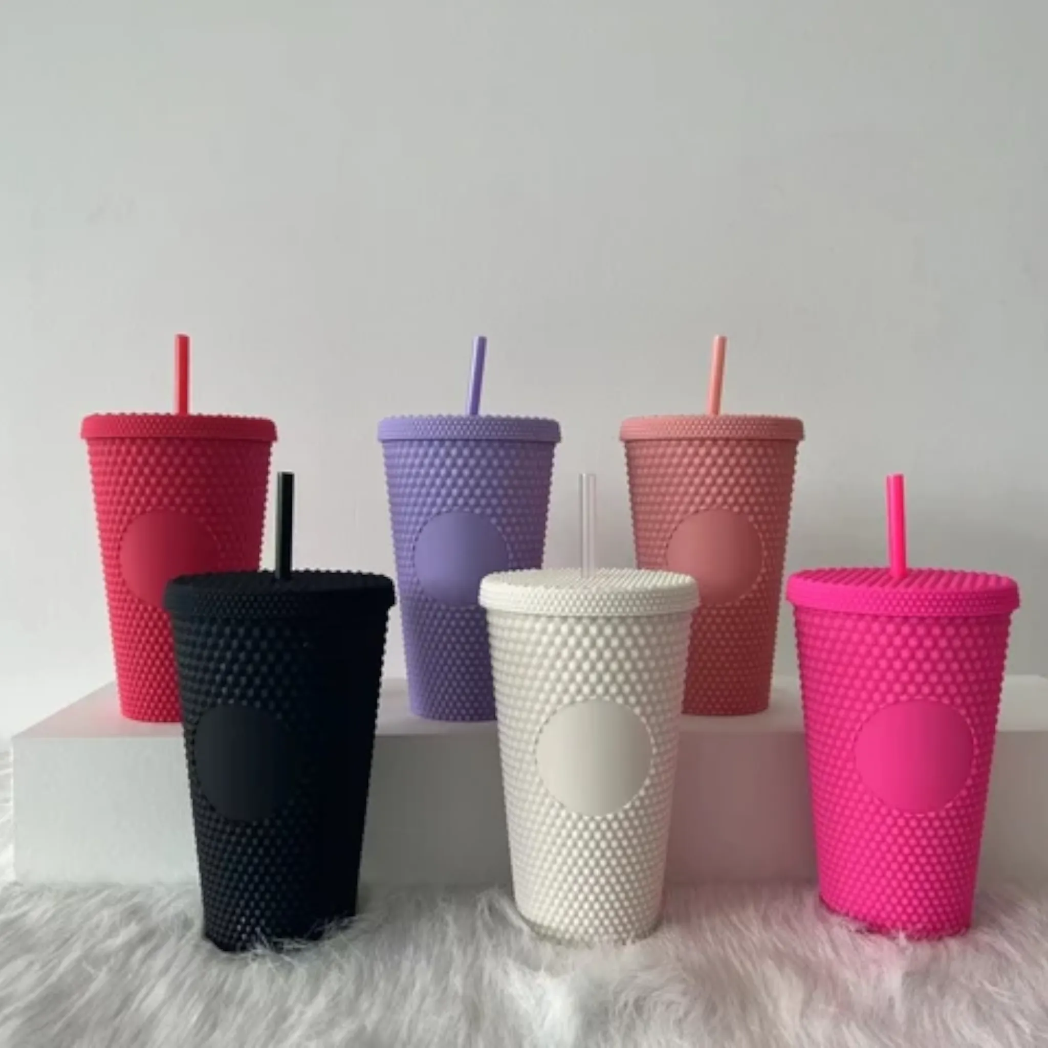 Studded Drinking Tumbler 450ml Vintage Matte Pastel Cup & Straw
