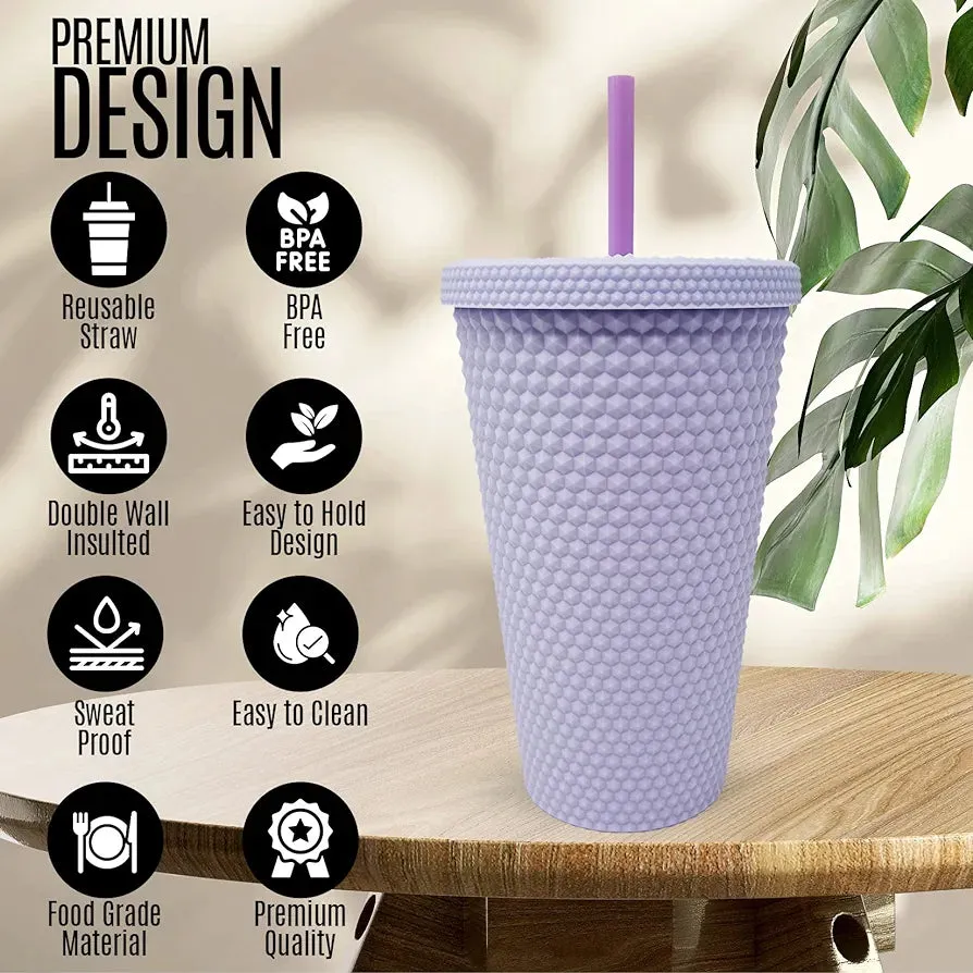 Studded Drinking Tumbler 450ml Vintage Matte Pastel Cup & Straw