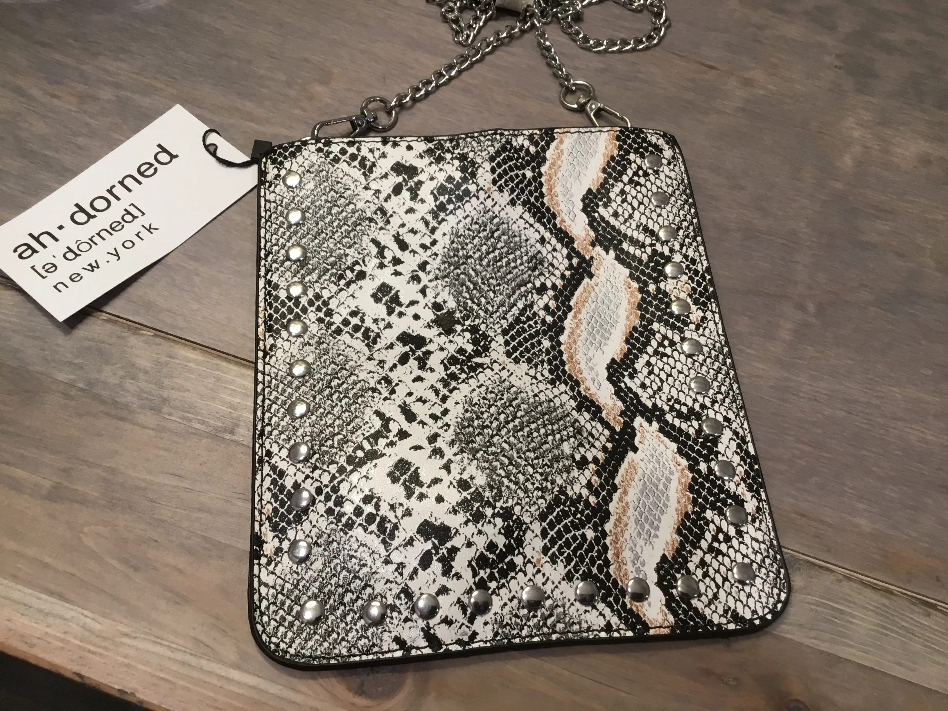 STUDDED VEGAN CROSS BODY PHONE HOLDER & CHAIN - Cream Python With Silver Studs & Chain
