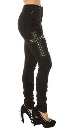 Tripp NYC The High Waisted Ripped & Studded Cross Skinny Jean in Black