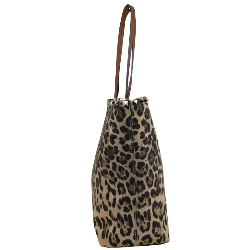Valentino Rockstud Leopard-Print Canvas and Leather Tote
