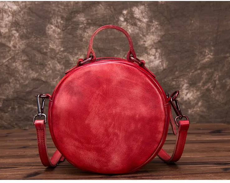 Vintage Leather Women Circle Bag Crossbody Bags Leather Handbags