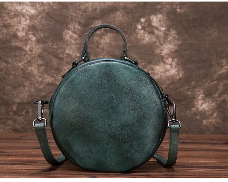 Vintage Leather Women Circle Bag Crossbody Bags Leather Handbags