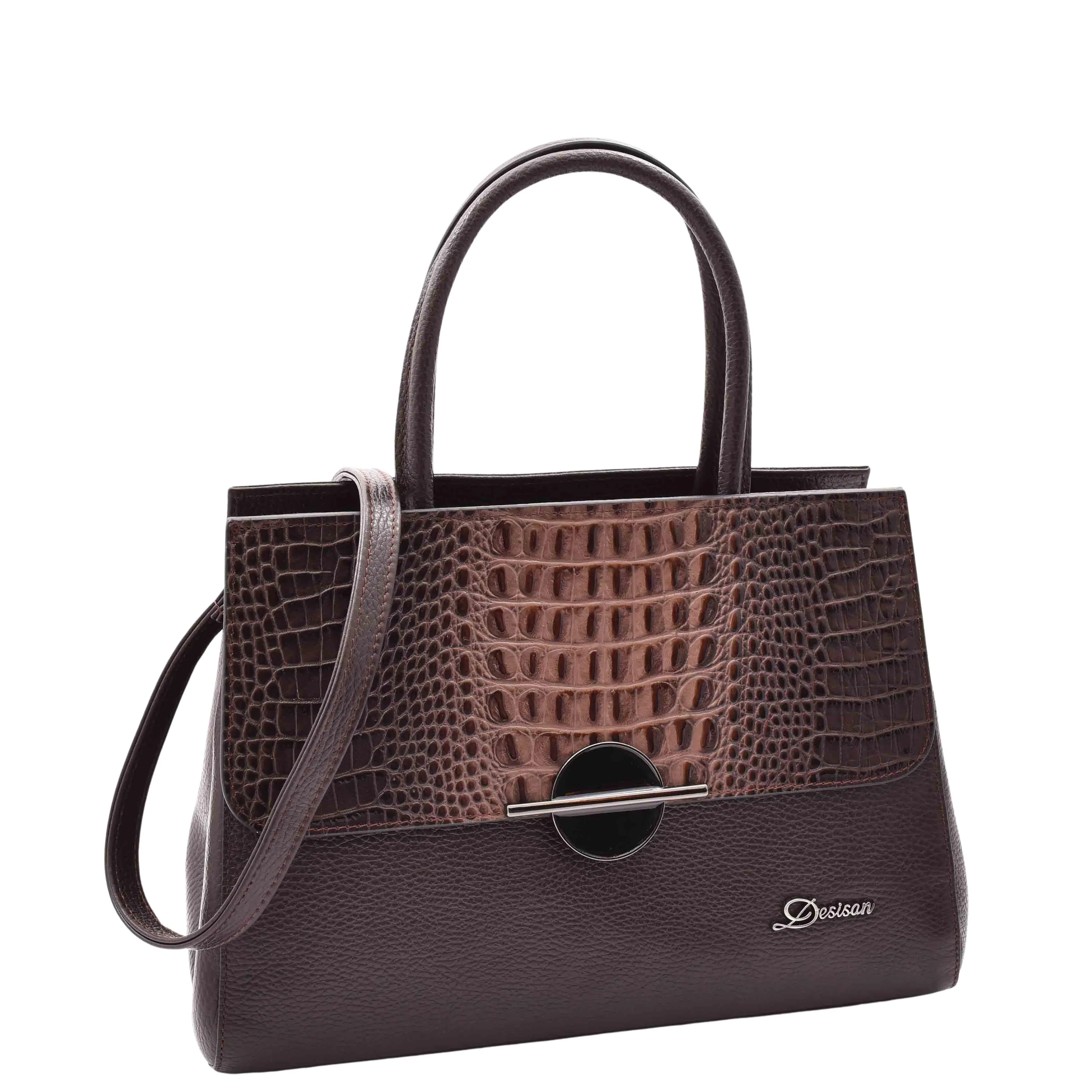 Womens Real Leather Croc Print Handbag Long Strap CAROL Brown