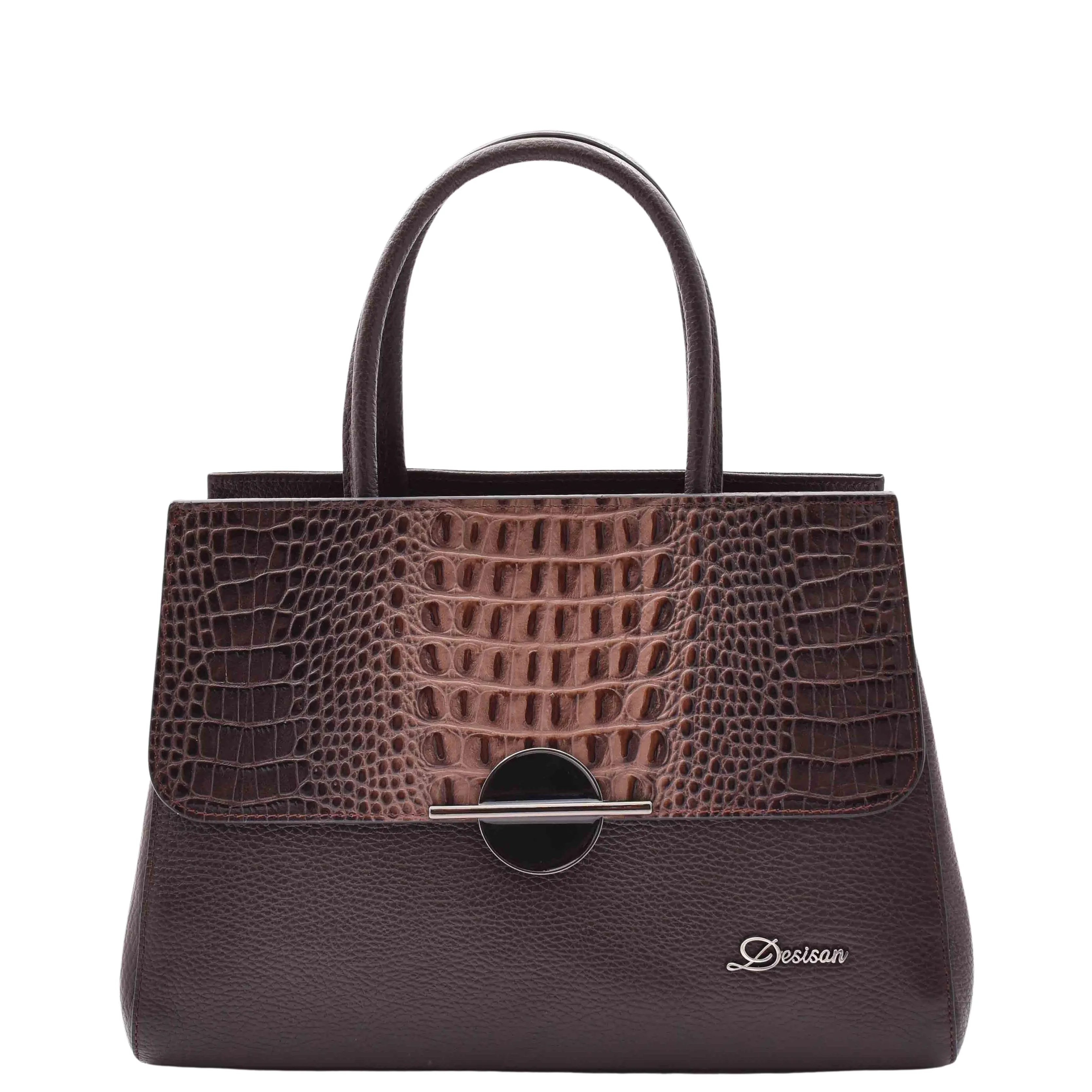 Womens Real Leather Croc Print Handbag Long Strap CAROL Brown