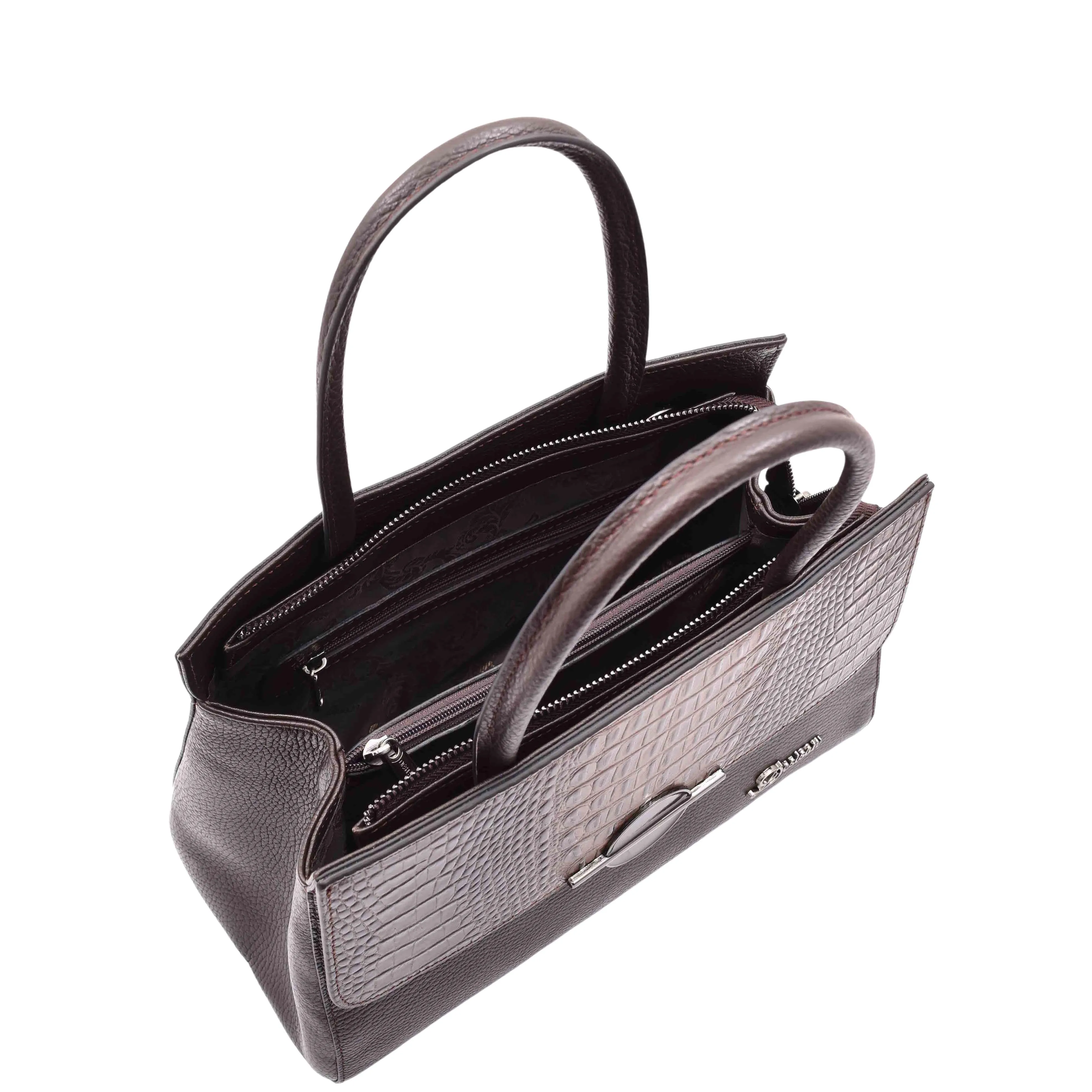 Womens Real Leather Croc Print Handbag Long Strap CAROL Brown