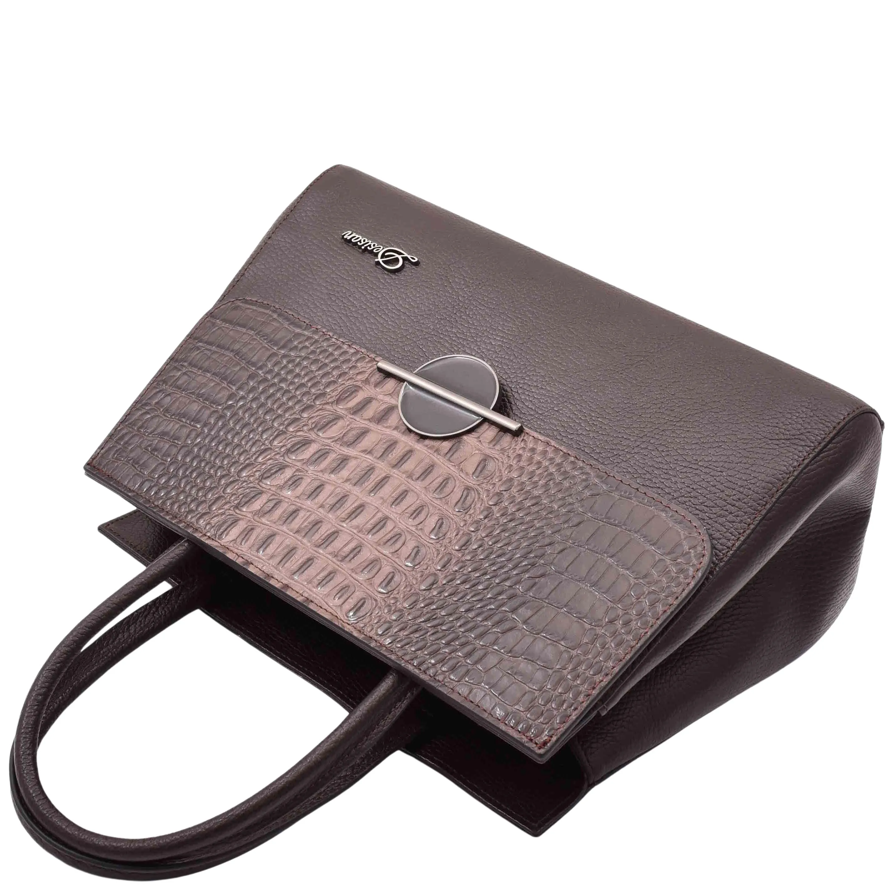 Womens Real Leather Croc Print Handbag Long Strap CAROL Brown