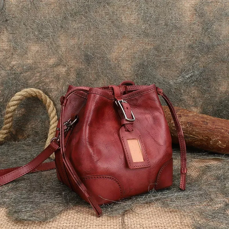 Womens Small Leather Shoulder Bag Leather Bucket Bag