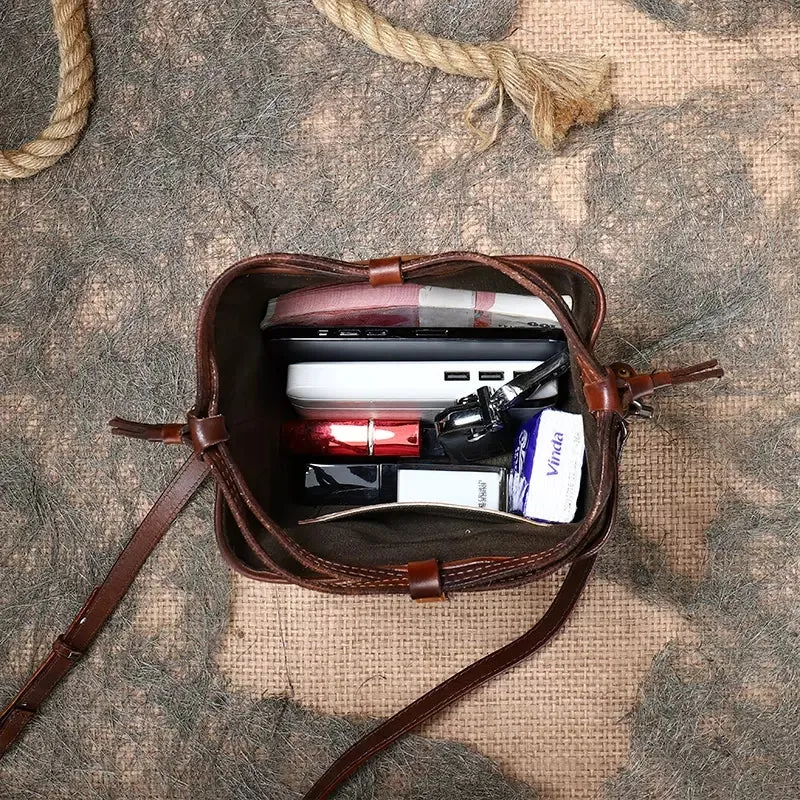Womens Small Leather Shoulder Bag Leather Bucket Bag